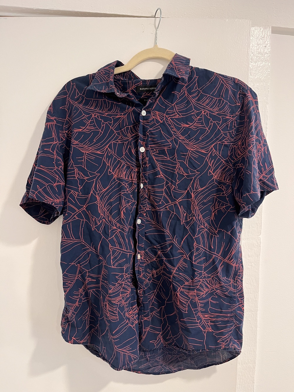 Banana Republic Navy Coral Palm Leaf Print Short Sleeve Shirt Slim Fit M